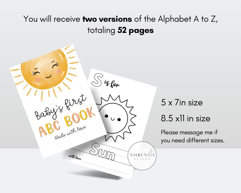 52 PAGES ABC Baby shower coloring book, Baby's First ABC Book, Sun theme Alphabet book, Baby shower game or activity, printable image 3
