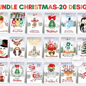 20 DESIGN Cartão de Natal, artesanato fácil, pegada, modelo de arte de dedo, para impressão, para pré-escola, jardim de infância, creche