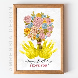 Arte de impressão manual de buquê, artesanato de lembrança, presente de aniversário, buquê de flores, cartão de aniversário, artesanato para crianças em idade pré-escolar