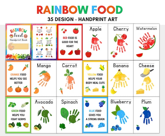 35 DESIGN Rainbow Food Handprint Art, healthy food, Baby Toddler Child, Preschool Kindergarten toddler  Activity, Handprint Keepsake