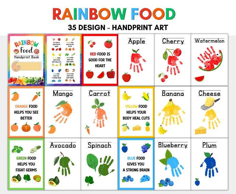 Puede incluir: Un conjunto de 12 tarjetas imprimibles con arte de huellas de manos de diferentes frutas y verduras. Cada tarjeta tiene un color diferente e incluye un dato divertido sobre la comida. Las tarjetas se titulan "Rainbow Food" y est&aacute;n dise&ntilde;adas para que los ni&ntilde;os aprendan sobre la alimentaci&oacute;n saludable.