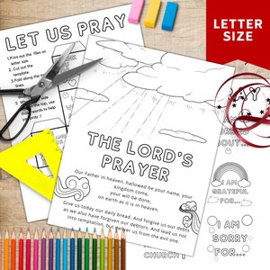 以下が含まれることがあります： 雲、太陽の光線、主の祈りを描いた白黒のイラストが描かれた印刷可能な塗り絵ページ。テキストには「主の祈り」と、次の言葉が書かれています。「天にいます父よ、御名があがめられますように。御国が来ますように。御旨が天におこなわれたように、地にもおこなわれますように。今日のわたしたちに必要なものを与えてください。わたしたちの罪を赦してください。わたしたちも、わたしたちに罪を犯した人たちを赦します。わたしたちを誘惑に陥れないでください。悪からわたしたちを救ってください。教会」.