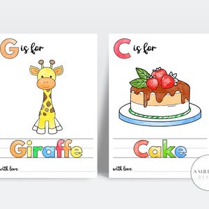 May include: Two alphabet flashcards with colorful letters and illustrations. The first card shows the letter G is for Giraffe with a cartoon giraffe. The second card shows the letter C is for Cake with a cartoon cake with strawberries.