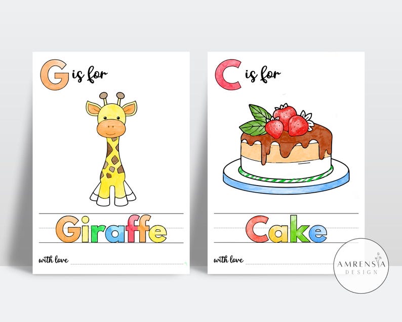 May include: Two alphabet flashcards with colorful letters and illustrations. The first card shows the letter G is for Giraffe with a cartoon giraffe. The second card shows the letter C is for Cake with a cartoon cake with strawberries.