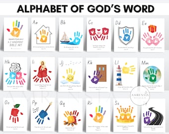 Alphabet of God's word A to z Bible Handprint art Christian Handprint Art Baby Toddler Child sunday school Nursery Activity Keepsake craft