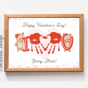 Happy Valentines Day Handdruck Kunst, Liebe Beary Much Druckvorlage für PreK, Kindergarten Kita, Valentinstag Andenken Basteln