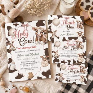 May include: Baby shower invitations and cards with a cow theme. The main invitation reads "Holy Cow! We're Having a Baby" with the names Ethan and Sophia. Additional cards include "Thank You", "Books For Baby", and "Diaper Raffle".