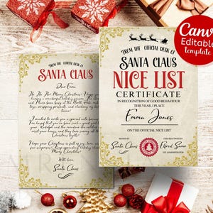 Carta con certificado de lista agradable editable de Papá Noel Plantilla navideña de Canva con temática vintage Carta y certificado personalizados para imprimir