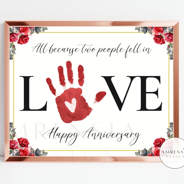 ANNIVERSARY Love Handprint art, Flower Happy Anniv card, Anniversary Gift for, keepsake craft, baby, toddler, kid DIY, Instant download
