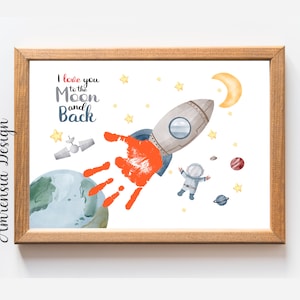 Valentine Art de l’empreinte de main, je t’aime à la Lune et retour Modèle imprimable pour PreK, garderie préscolaire de maternelle, bricolage souvenir