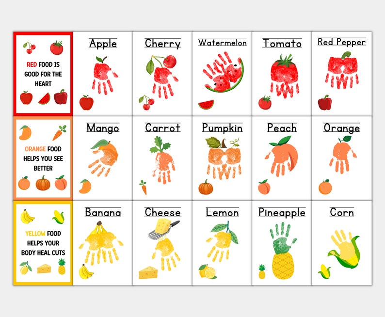 Puede incluir: Un gr&aacute;fico colorido con ilustraciones de frutas y verduras en forma de huellas de manos. El gr&aacute;fico est&aacute; dividido en tres secciones, cada una con un tema de color diferente: rojo, naranja y amarillo. Cada secci&oacute;n incluye un t&iacute;tulo y una breve descripci&oacute;n de los beneficios para la salud de comer alimentos de ese color. El gr&aacute;fico es una herramienta divertida y educativa para ense&ntilde;ar a los ni&ntilde;os sobre h&aacute;bitos alimenticios saludables.