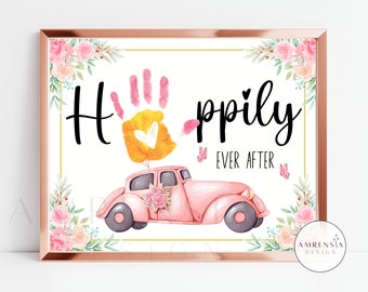HAPPILY ever After Wedding card Handprint art, Flower Happy wedding card, marriage Gift for, keepsake craft, baby, toddler, kid DIY