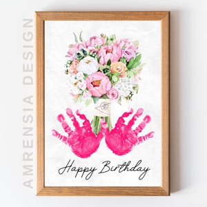 Buquê rosa de aniversário com impressão manual, presente de aniversário, artesanato de lembrança, buquê de flores, cartão de aniversário, artesanato para crianças em idade pré-escolar