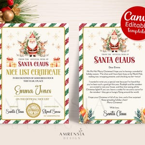 Plantilla de certificado de lista agradable y carta de Papá Noel personalizada: plantilla editable de Canva, descarga instantánea para la magia navideña de los niños.
