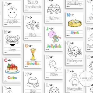 May include: A set of 26 alphabet flashcards featuring a colorful illustration and the letter name for each letter of the alphabet.  The illustrations include an apple, bee, cake, dolphin, elephant, fish, giraffe, hat, igloo, jellyfish, kite, lion, monkey, nest, octopus, penguin, queen, rainbow, sun, turtle, umbrella, violin, whale, and a  ray fish.