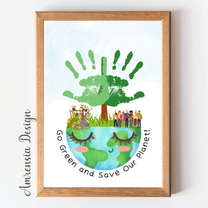 Happy Earth Day Earth Hour Go Green Red onze planeet Handafdruk kunst Kinderen Baby Peuter Homeschool Preschool Afdrukbare doe-het-zelvers