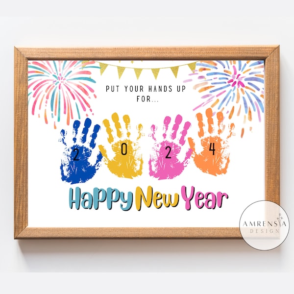 Happy New year 2024 craft Handprint little fireworks template Printable  for PreK, Preschool Kindergarten Daycare, keepsake craft