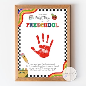 First Day of Preschool Handprint Art, First Day of School, Handprint Preschool Craft, Back to School, Memory keepsake, Instant Download