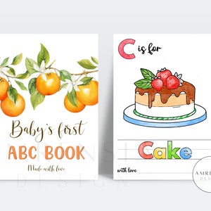52 PÁGINAS Libro para colorear con tema Orange ABC Baby shower, Primer libro ABC del bebé, Libro del alfabeto con tema de frutas, Juego o actividad imprimible