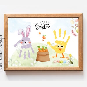Osterhase, kleines Küken, Fröhliche Ostern Handwerk Handabdruck Kunst Vorlage für Baby Kinder Kleinkind PreK Kita, Andenken Handwerk, Osterdekor