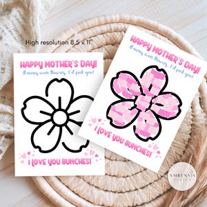 May include: Two white Mother's Day cards with flower designs. One flower is outlined in black, the other is pink. The cards read "HAPPY MOTHER'S DAY! If moms were flowers, I'd pick you!" and "I LOVE YOU BUNCHES!"