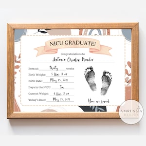 NICU Graduate printable Footprint boho, Newborn baby footprint, NICU Certificate, Welcome baby sign, mom and dad gift, Memory keepsake