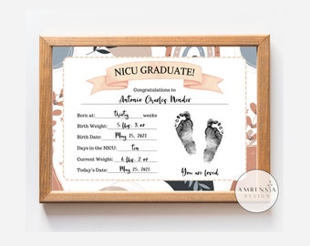 NICU Graduate printable Footprint boho, Newborn baby footprint, NICU Certificate, Welcome baby sign, mom and dad gift, Memory keepsake