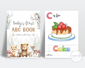 52 PAGES ABC Woodland Baby shower coloring book, Baby's First ABC Book, Animal woodland theme Alphabet book, Game or activity printable