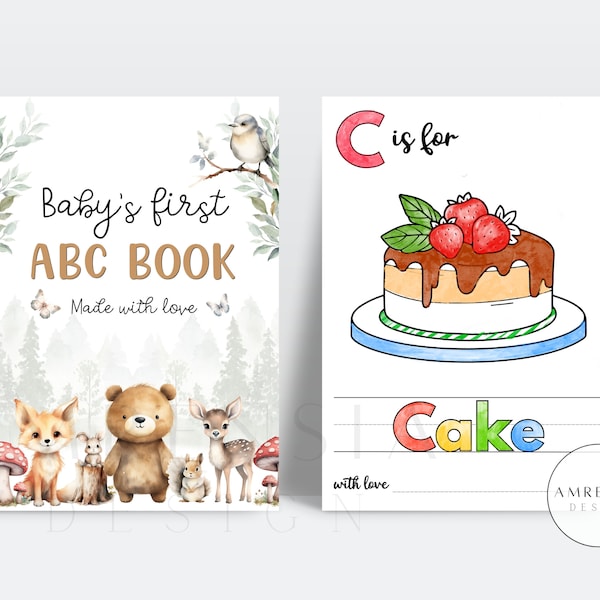 52 PAGES ABC Woodland Baby shower coloring book, Baby's First ABC Book, Animal woodland theme Alphabet book, Game or activity printable