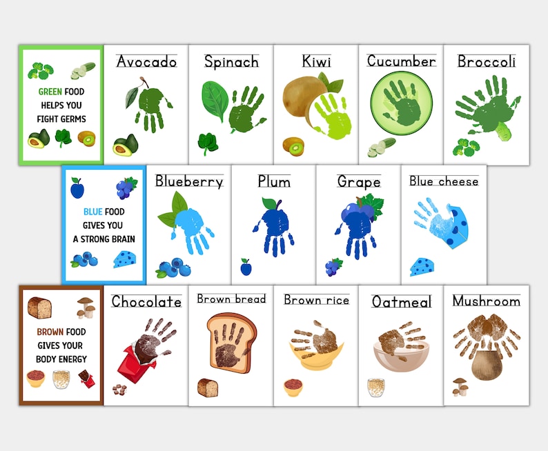 Puede incluir: Un gr&aacute;fico colorido con huellas de manos que representan diferentes grupos de alimentos. El gr&aacute;fico incluye alimentos verdes como aguacate, espinacas, kiwi, pepino y br&oacute;coli. Los alimentos azules incluyen ar&aacute;ndanos, ciruelas, uvas y queso azul. Los alimentos marrones incluyen chocolate, pan integral, arroz integral, avena y champi&ntilde;ones. El gr&aacute;fico tambi&eacute;n incluye texto que describe los beneficios de cada grupo de alimentos.