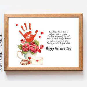 Buona festa della mamma, poesia d'arte di impronte di fiori, artigianato per bambini piccoli, regalo per la madre, festa della mamma felice, attività fai-da-te per bambini in età prescolare