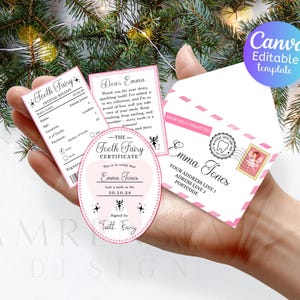 Conjunto de certificado e recibo de carta de fada do dente rosa mini Canva personalizado lembrança de fada do dente presente mágico de perda de dente para meninas crianças