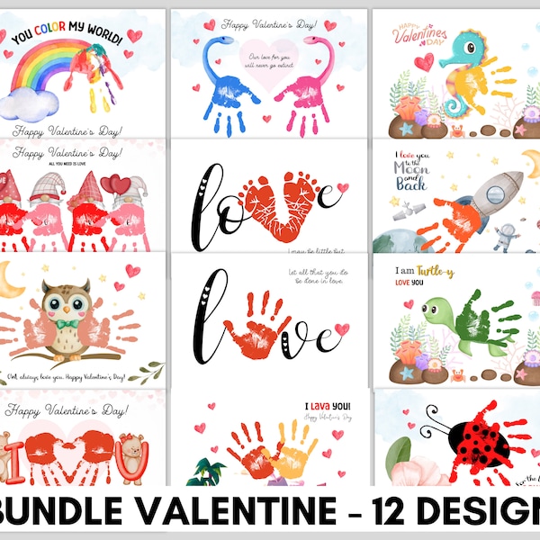 12 Design BUNDLE Joyeuse Saint-Valentin artisanat Handprint Footprint art template Imprimable pour PreK, Preschool Kindergarten Daycare art