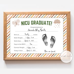 NICU Graduate printable Footprint boho, Newborn baby footprint, NICU Certificate, Welcome baby sign, mom and dad gift, Memory keepsake