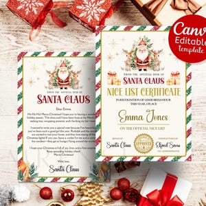 Personalized Santa Letter and Nice list certificate Template - Canva editable template, Instant Download for Kids&#39; Christmas Magic!