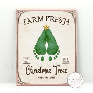 Téléchargement immédiat de sapins de Noël frais de la ferme, modèle d'art d'empreinte de pas de carte de Noël facile à fabriquer, imprimable pour bébé nouveau-né
