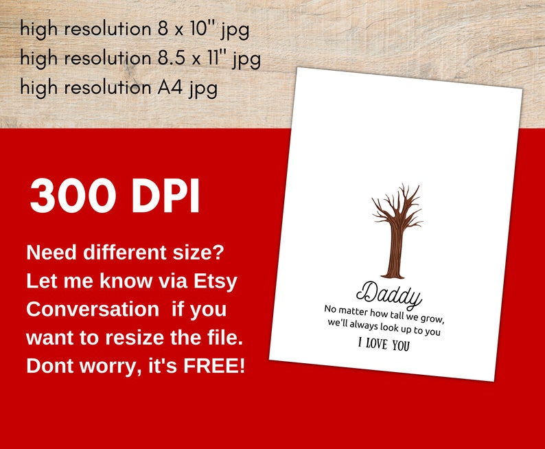 Może przedstawiać: Cyfrowy plik do pobrania do wydrukowania kartki z ilustracją brązowego drzewa i tekstem "Tato Bez względu na to, jak wysocy będziemy, zawsze będziemy patrzeć na ciebie Kocham cię".