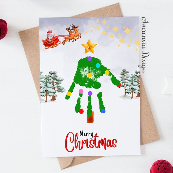 Printable Christmas Tree Card, Christmas Handprint art, Kids craft, Winter Handprint craft Printable for PreK, Preschool craft