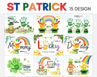 9 DESIGN Happy St Patrick Day, Handprint art template Printable for PreK, Preschool Daycare, baby toddler kids