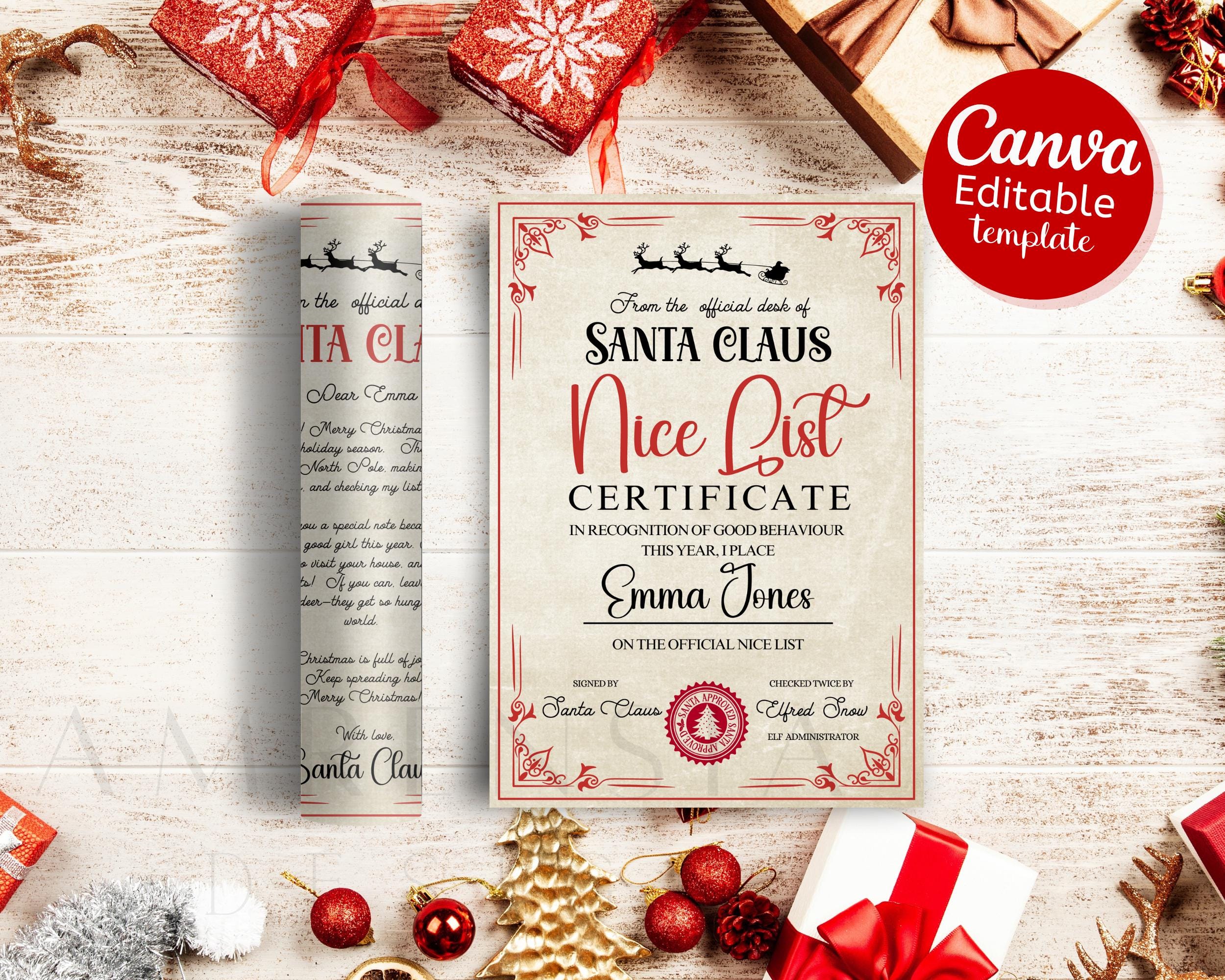 Editable Letter From Santa Vintage Themed Nice List Certificate Canva ...