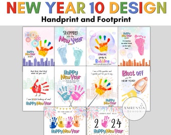 10 Design BUNDLE Happy New year 2024 craft Handprint Footprint art template Printable  for PreK, Preschool Kindergarten Daycare