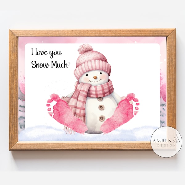 Pink Snowman Footprint art, My first Christmas, Snowman Craft, Christmas Home Decoration, Winter Footprint craft  for Baby,  keepsake craft