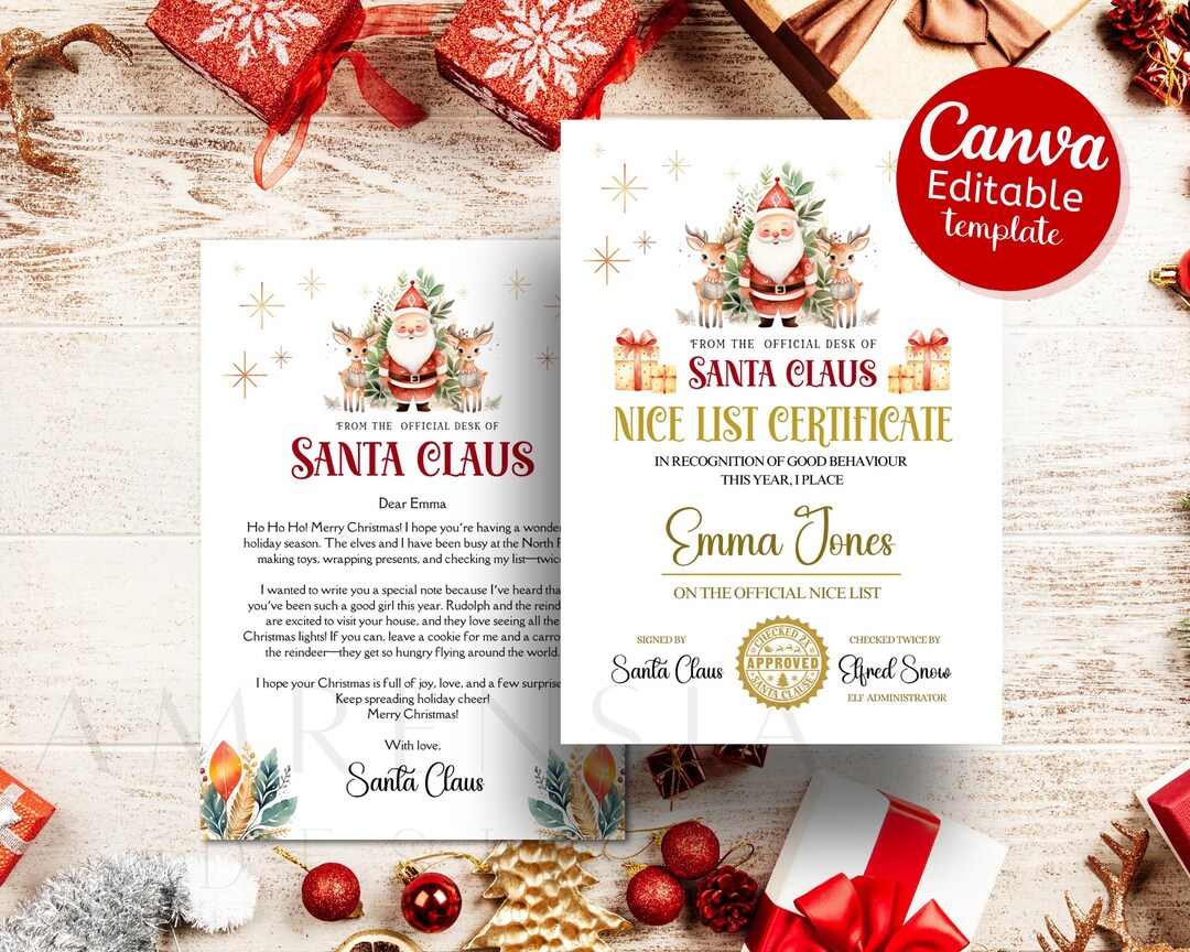 Santa Letter Canva Editable Template, Cute Christmas Nice List ...