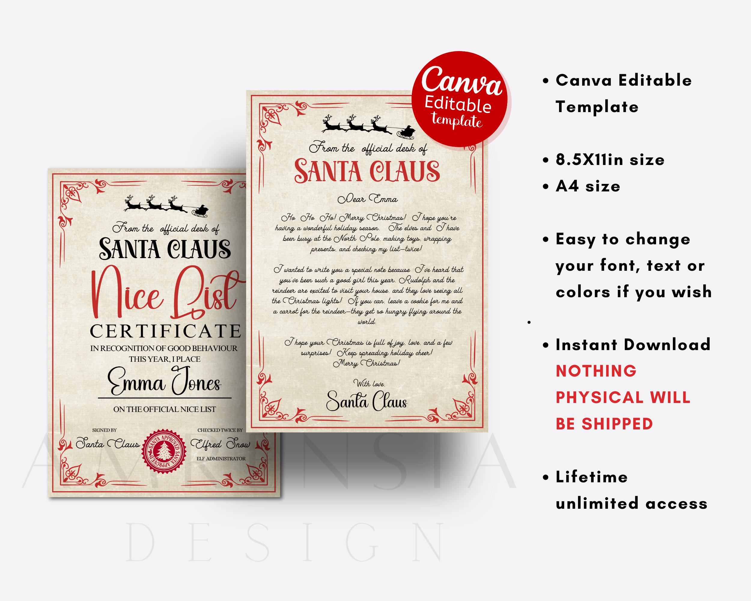 Editable Letter From Santa Vintage Themed Nice List Certificate Canva ...