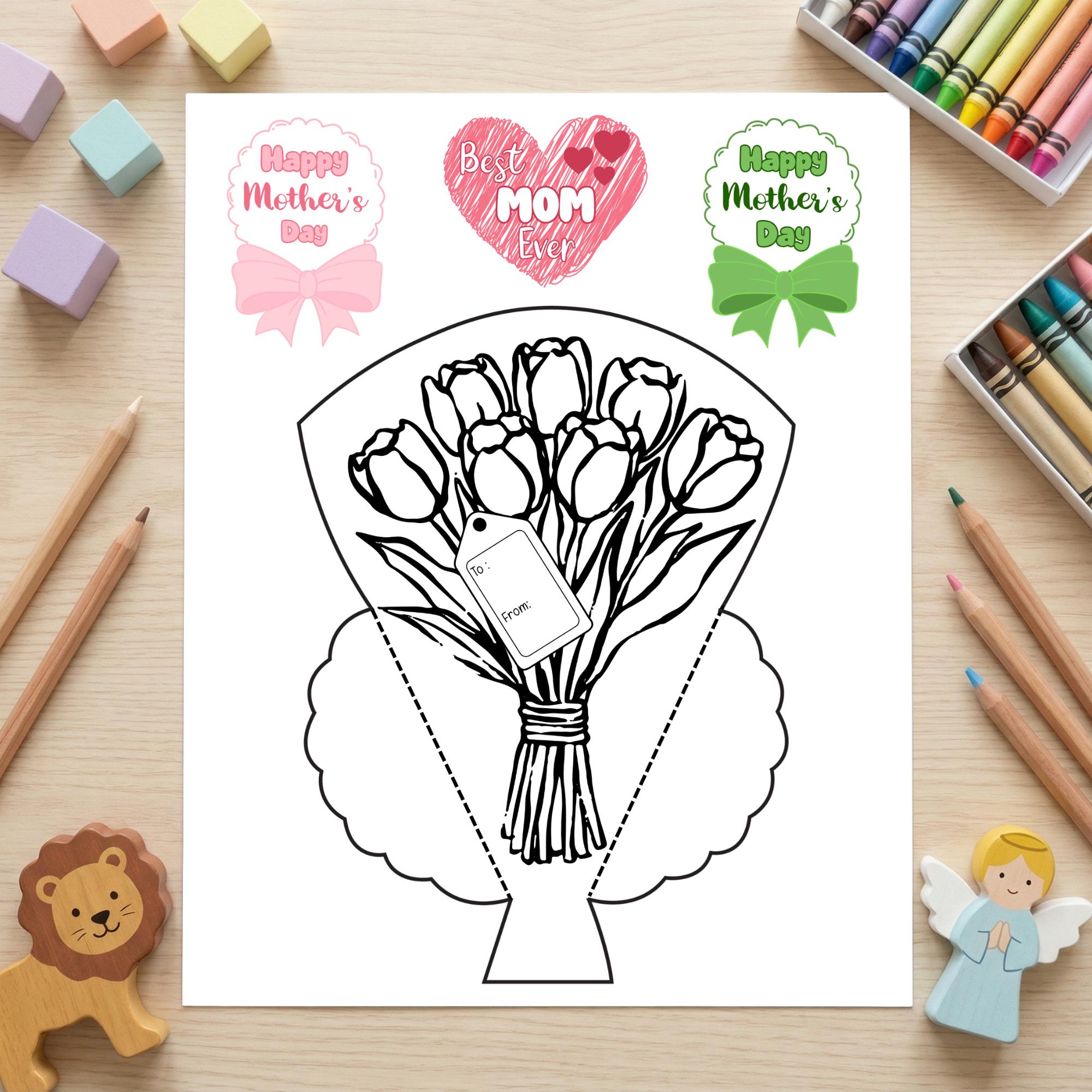 Mother's Day Tulip Bouquet Pop up Card Craft, Kids Coloring Flower Gift ...