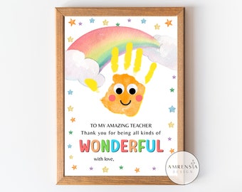 Teachers day gift, Appreciation week, Rainbow Handprint art Printable for PreK, Thank you teacher, Preschool Kindergarten craft