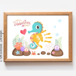 Happy Valentines Day Handdruck Kunst, Seepferdchen Druckvorlage für Vorschule Kindergarten Kita, Valentinstag Andenken Basteln