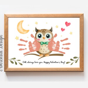 Arte OWL Valentine Handprint, modelo imprimível para PreK, pré-escola creche de jardim de infância, artesanato de lembrança de dia dos namorados