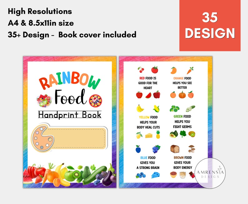 35 DESIGN Rainbow Food Handprint Art, healthy food, Baby Toddler Child, Preschool Kindergarten toddler Activity, Handprint Keepsake image 4