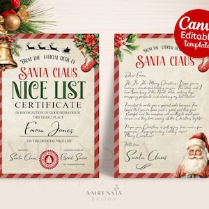 Carta editable de Papá Noel con lista de buenos deseos de temática vintage Plantilla navideña de Canva Carta y certificado personalizados para imprimir